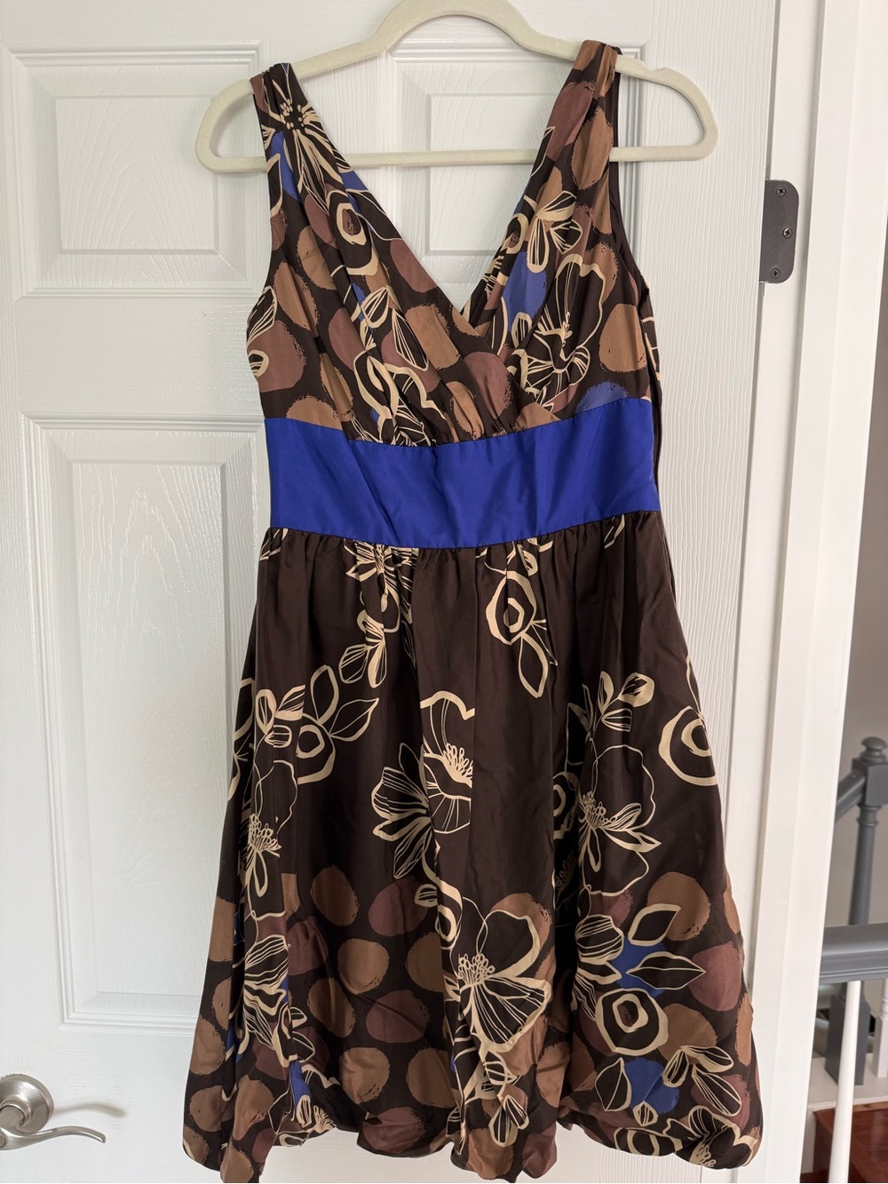 Suzi Chin for Maggy Boutique Brown Floral Mini Dress w/ Bold Cobalt Blue Waist